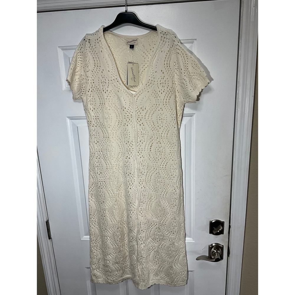 Universal Thread Cream Crochet Pointelle V-Neck Midi Dress Short Sleeve Medium